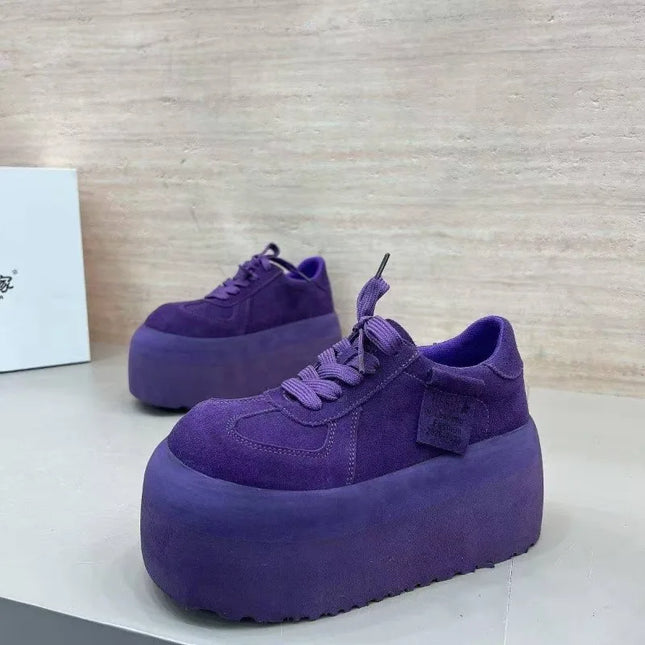 Spliced Platform Sneakers Spring New Round Toe Lace-Up Non-Slip Heightened Low-Top Single