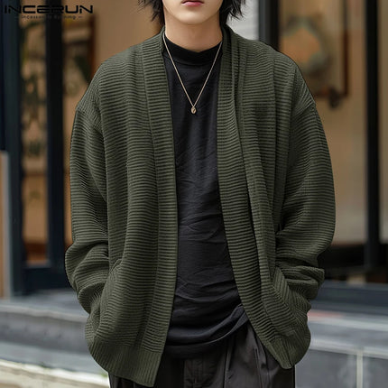 INCERUN 2025 Stylish Men Cardigan Knitted Leisure Solid Loose Long Sleeve Cardigan Streetwear Autumn Male Sweater Outerwear