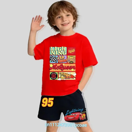 2026 Cars of the Universe Children's Pure Cotton Short-Sleeved Shorts for Boys with Cartoon Print Summer T-shirt Set of 2 Pieces