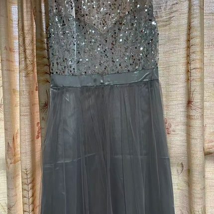 Elegant Sequined Strapless Long Formal Evening Dress Gray