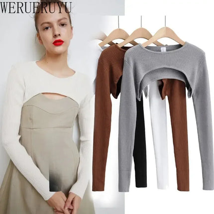T-shirts Long Sleeve Crop Top Spring Autumn Y2k Aesthetic Clothes O-neck Black White Sexy Harajuku Knitted