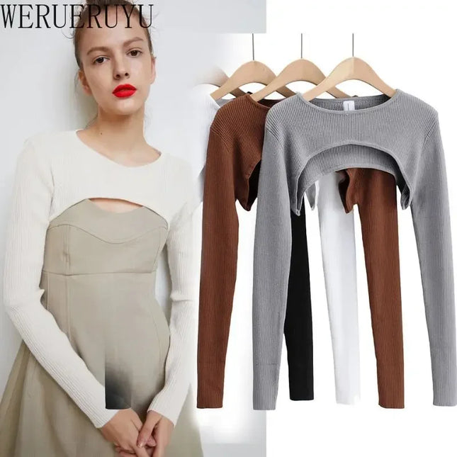 T-shirts Long Sleeve Crop Top Spring Autumn Y2k Aesthetic Clothes O-neck Black White Sexy Harajuku Knitted