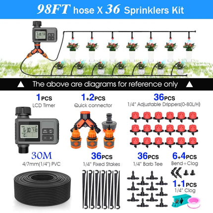 30-5m Garden LCD Button Timer Irrigation Set 0-80L/H Rotating Adjustable Nozzle Intelligent Display Automatic Watering System