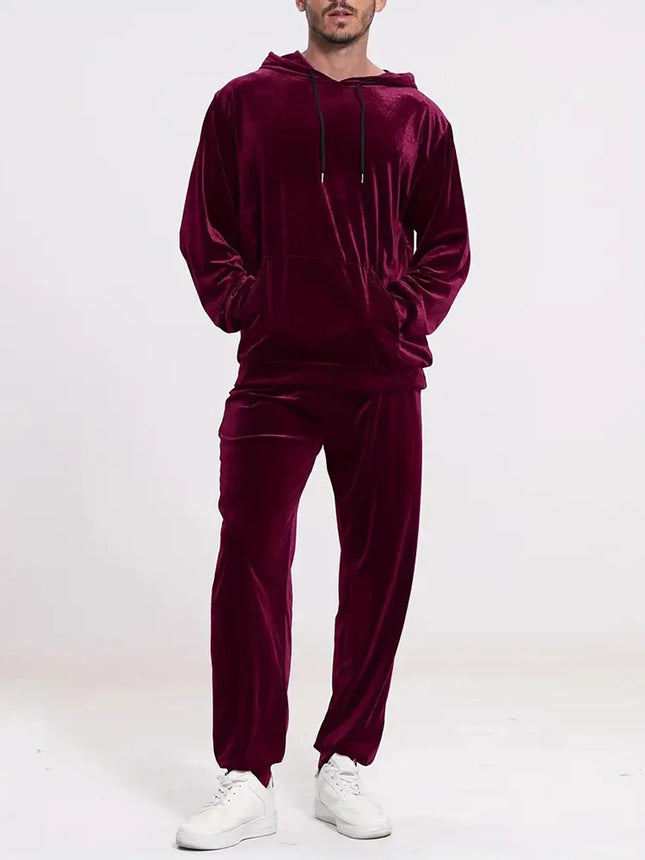 Fashion Einfarbiger Samt-Zweiteiler Herren Herbst Winter Lässiger Langarm-Hoodie und Hosen-Outfit Herrenbekleidung Vintage Anzüge