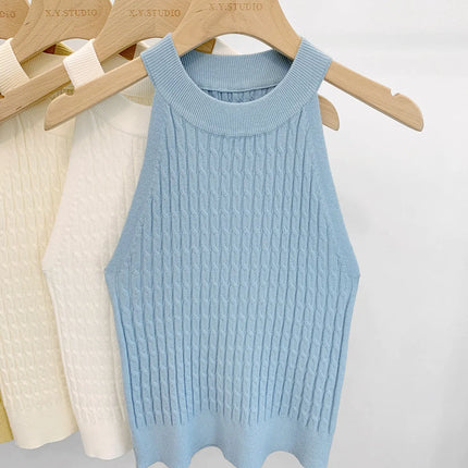 2026 Summer New Women's Knitted Halter Camisole Slim Fit Sleeveless Base Tank Tops Solid Color O-neck Outerwear Vests Crop Tops