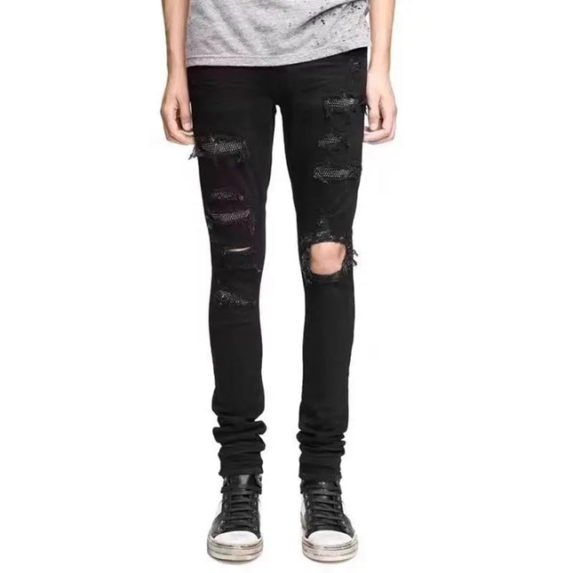Pantalones vaqueros coreanos de moda para hombre, negros, estilo rufián, atractivos, de marca de tendencia, con diamantes, rotos, estilo mendigo, ajustados, elásticos, informales, para primavera y otoño
