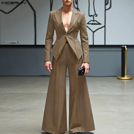 INCERUN Men Sets Patchwork Elegant Long Sleeve Blazer & Wide Leg Pants Two Pieces Sets Streetwear Fashion Men's Casual Suits