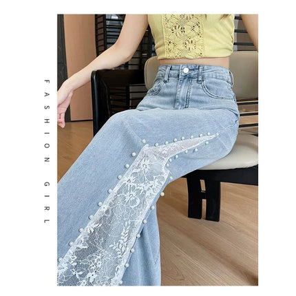 Tennis Lace Pearl Wide Leg Jeans for Women 2025 New Summer Thin Style Fashionable Loose Hollow Straight-Leg Pants