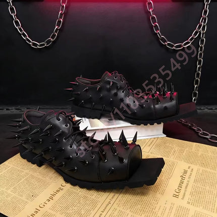 Women's Black Leather Hog Toe Boots Punk Y2K Chunky Heel Lace-Up Casual Spiked Pumps Street Fashion Spring 2026