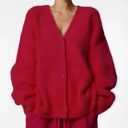 Autumn Winter V Neck Long Sleeve Button Thicken Fluffy Soft Loose Cardigan Knitted Sweater Coats PYMYFZC-9902