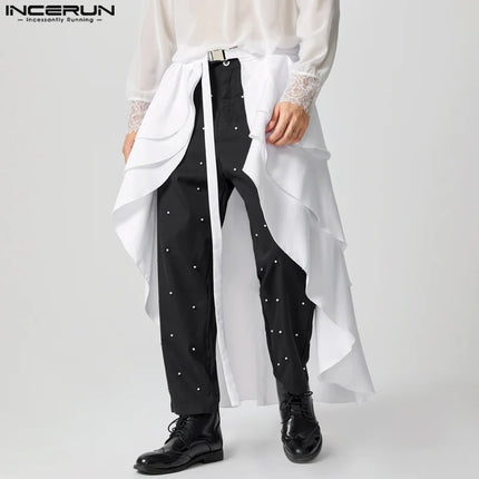 INCERUN American Style Pantalons Stylish Men Ruffled Double Layered Half Skirt Pants Casual Clubwear Male Solid Lace Up Trousers