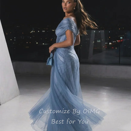 OIMG Pastrol Dusty Blue Mermaid Prom Gowns Off The Shoulder Pleated Party Gown Tulle Floor Length Evening Dress Customized