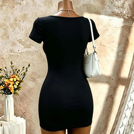 Square Neck Short Sleeve Bodycon Mini Dress Solid Black Slim Fit Pencil Club Party Night Out Tight Short