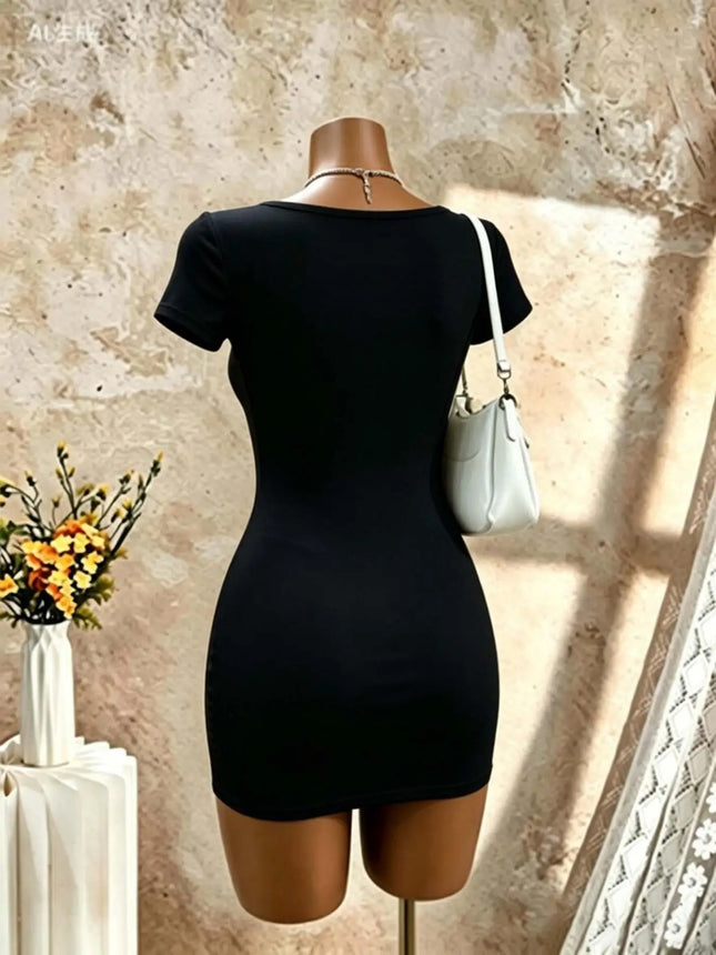 Square Neck Short Sleeve Bodycon Mini Dress Solid Black Slim Fit Pencil Club Party Night Out Tight Short