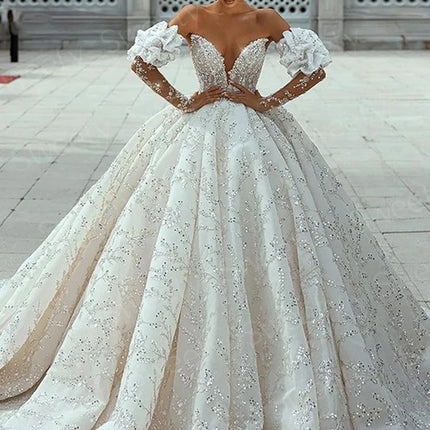 Glitter Wedding Dress Sequins With Beading Ball Gown Detachable Full Sleeve Strapless Bride Zipper Customized Vestido De Novia