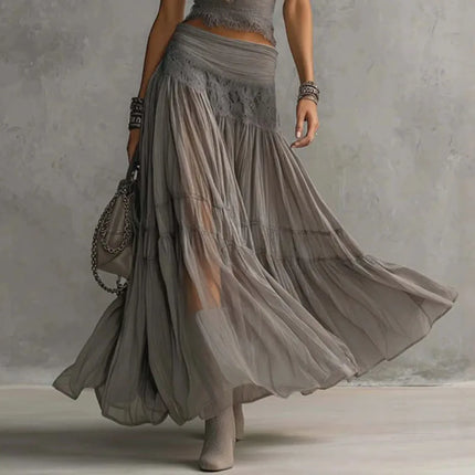 New Boho 2 Piece Set Women Solid Pachwork Lace Trim Crop Top Maxi Skirt Suit Elegant Sheer Long Dress Summer Beach Party Outfits