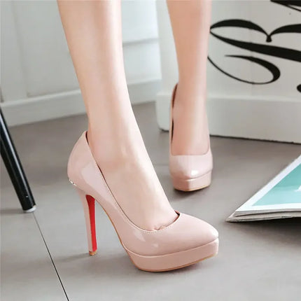 Big Size Elegant Office Women Platform Pumps 12cm Super High Thin Heels Wedding Party Pointed Toe Red Patent Leather Dress Pumps