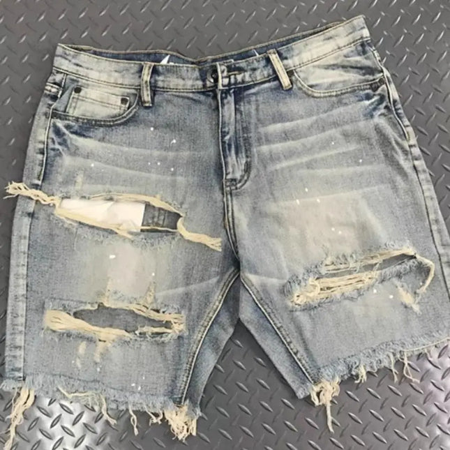 Tendencia Verano 2026 Nuevos Pantalones Cortos Retro de Mezclilla Lavados con Agujeros Rotos Estilo Mendigo Sueltos Informales Shorts Lujo de Alta Gama Ropa de Hombre