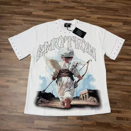 Fashion Brand Mixed Emotion Embroidery Rhinestone American Streetwear Angel Print Hot Diamond Top Tee Men Women Loose T shirts
