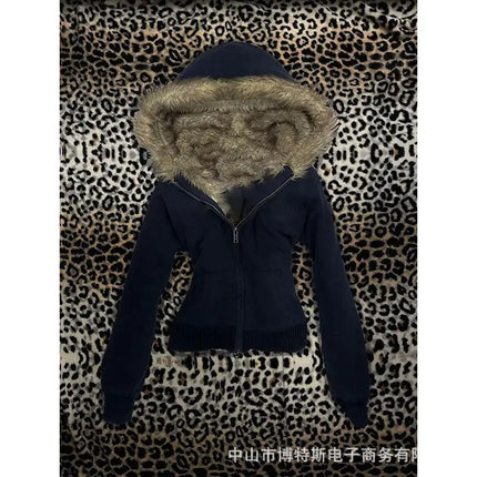 Hoodie Coat Women Punk Hooded Sweatshirt Fur Collar Jacket Zipper Pockets Female Streetwear Vintage Outerwear Spring 2026