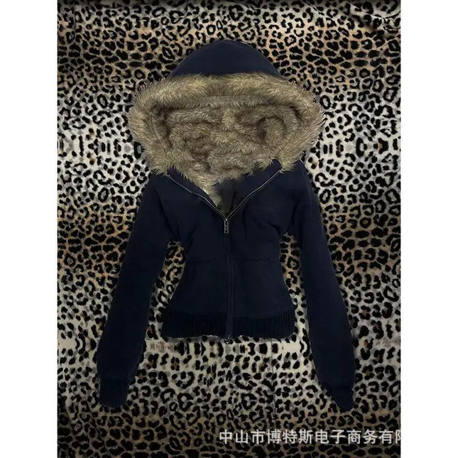 Hoodie Mantel Damen Punk Kapuzenpullover Fellkragen Jacke Reißverschlusstaschen Weibliche Streetwear Vintage Oberbekleidung Frühling 2026
