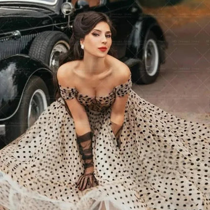 MD Vintage Princess Dot Tulle Prom Gown Off the Shoulder Tea Length Short Sleeves Formal Evening Party Gowns Customized 2026