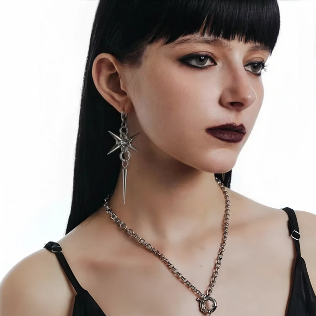 Gothic Stainless Steel Hoops Spike Piercing Long Dangle Earrings Handmade Punk y2k Chainmail Rivet Drop - product image 2