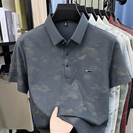 Slim Fit Feather Pattern Polo For Men Embroidered Logo Short Travel Family Gathering And Casual Dating Garment