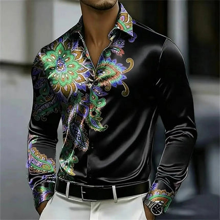 Men's Satin Paisley Printed Shirt Luxury Glossy Long Sleeve Casual Button Down Dress Shirts Nightclub Party Wear