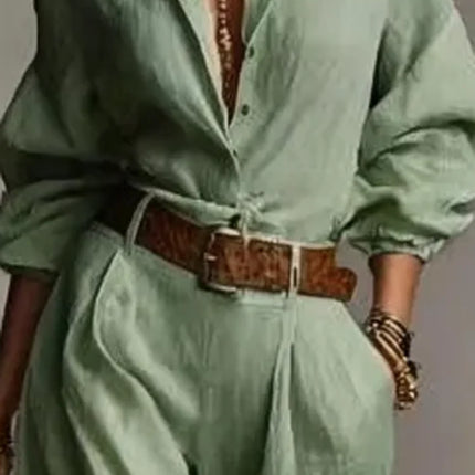 Spring Summer Temperament Solid Color Cotton Linen Wide Leg Pants Set Elegant Button Shirt Top and Wide Leg Pants 2 Piece Suit