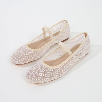 Cream mesh Mary Jane flats with matching instep straps