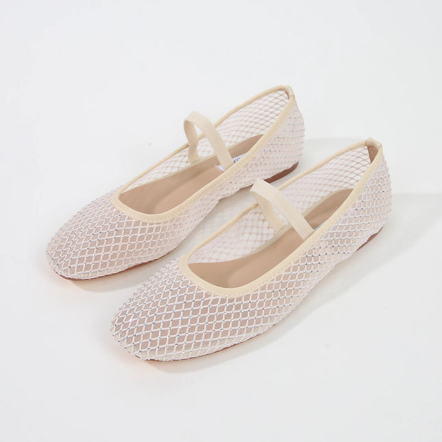 Cream mesh Mary Jane flats with matching instep straps