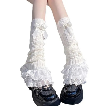 Japanese Women Knitted Leg Warmer Bow Tiered Ruffled Socks Girl Lace Lolita Socks Calf T-shaped Lace Leg Horn Warmers Women