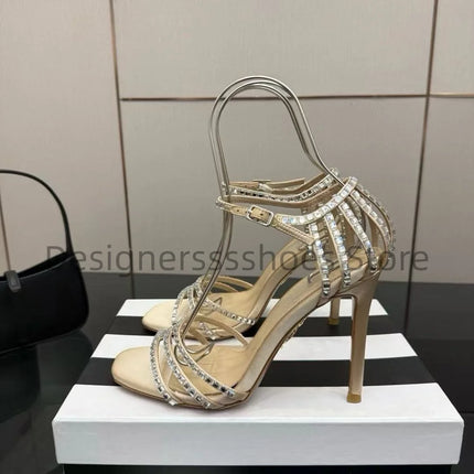 Round Toe Rhinestone High Heel Sandals 10.5CM Luxury Crystal Women Party Dress Sandals Sheepskin Lining Italian Genuine Leather