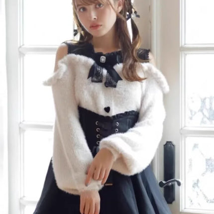Autumn and Winter Furry Off-shoulder Long-sleeved Sweater Japanese Sweet Cute Girl Bow Versatile Outer Wear Knitted Pullover
