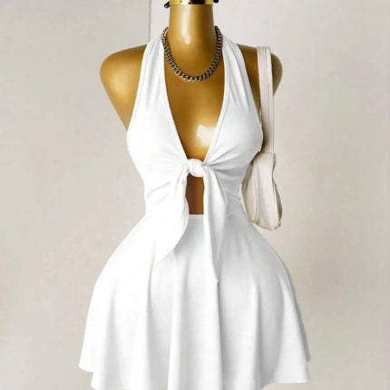 Halter Deep V Front Tie Cut Out Mini Dress Summer Y2K Night Club Party Flare Skirt Dresses