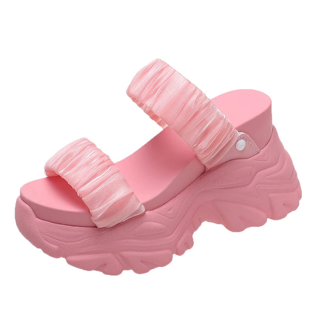 New 10CM Summer Platform Slippers Women Blue Pleated Riband Discolor Ladies Chunky Sole Beach Cool Wedges Slides Shoes Woman