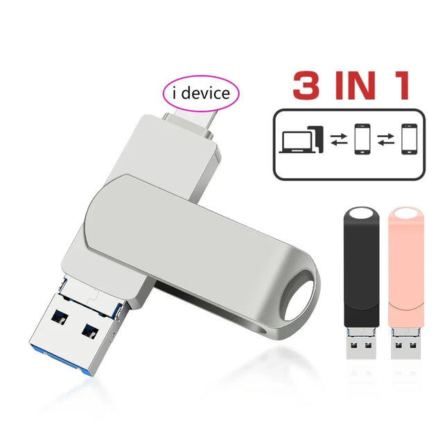 Drehbarer USB 3.0-Flash-Laufwerk 8GB 16GB mit 3-in-1 Type-C zu Lightning Schnittstelle 32GB Pendrive für iPad 11/12/13/14