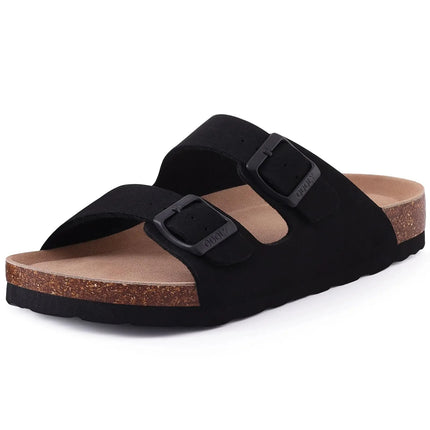 Black two-strap buckle slide sandal with an open toe