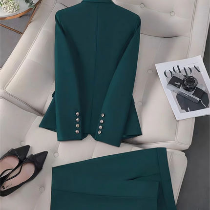 Women Emerald Green Solid Double Breasted Blazer Pants Suit, Metal Buttons Waist Cinched 2 Piece Elegant Office Commute Outfit