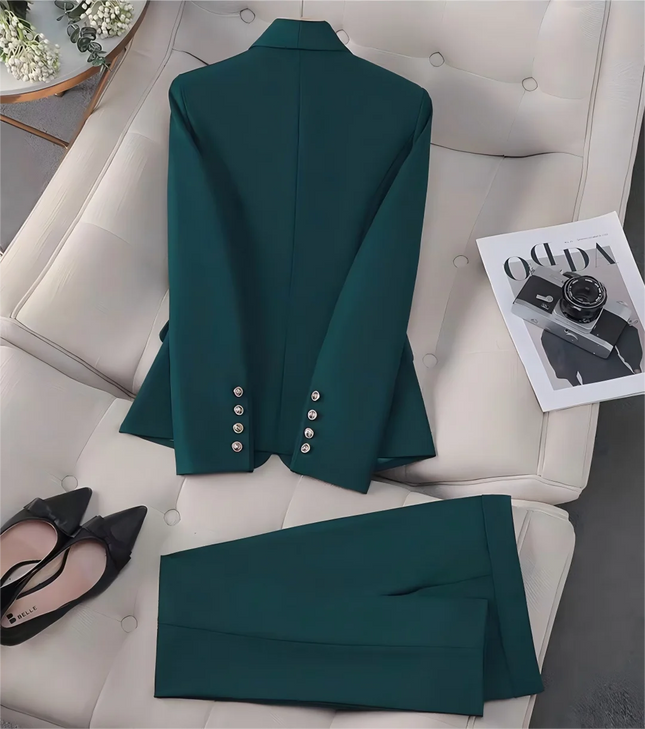 Women Emerald Green Solid Double Breasted Blazer Pants Suit, Metal Buttons Waist Cinched 2 Piece Elegant Office Commute Outfit