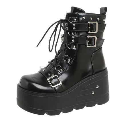 Platform Boots Goth for Women Lace up Wedge Heel Buckle Ankle Booties Studded Short Motorcycle Boots with Zipper White