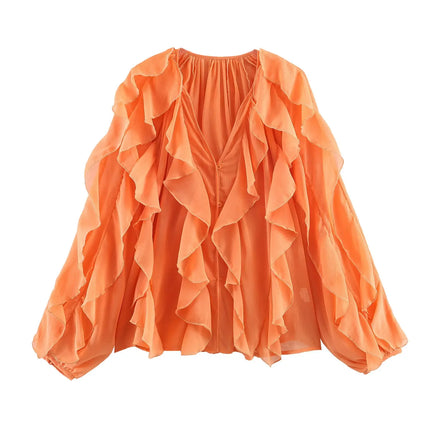 2026 New Summer Women's Elegant Loose Long Sleeve Chiffon Layered Shirts Lady Vintage V-neck Translucent Tierred Ruffles Blouses