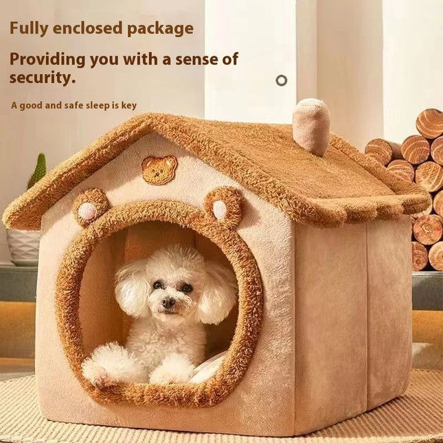 Tan plush house-style pet bed with a small white dog inside