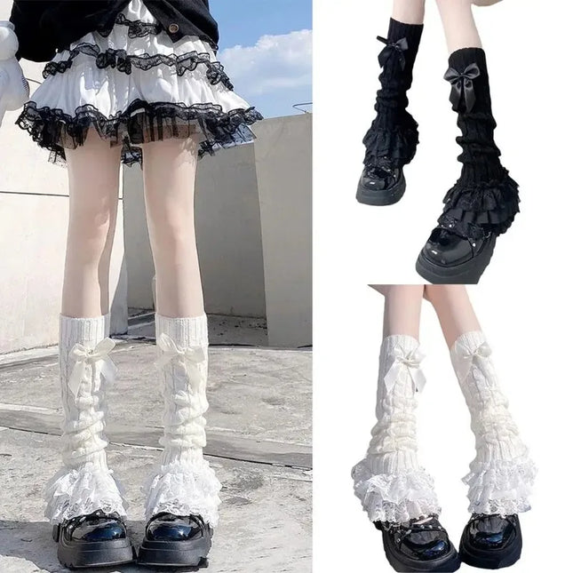 Japanische Frauen Strick-Beinwärmer, Schleife, gestufte Rüschen-Socken, Mädchen, Spitze, Lolita-Socken, Wadenlange T-förmige Spitzen-Beinstulpen, warme Leggings für Damen