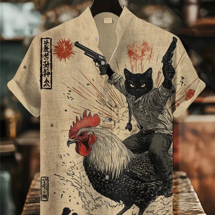 Men's Quirky Retro Cat Printed Linen Shirt Short Sleeve Fashionable Stand up Collar Outdoor Casual Party Wear