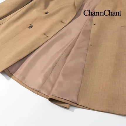 CharmChant Blazers and Suit Sets Khaki Double Breasted Wide Leg Pants Set Peak Lapel Tailored Fit Office Formal Business Suit