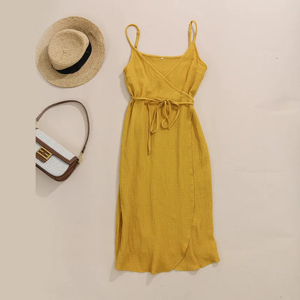 Summer 100% Cotton Muslin Dress V-Neck Tie-Up Sexy Sleeveless Bandage Long Maxi Dresses Party Holiday Vestido