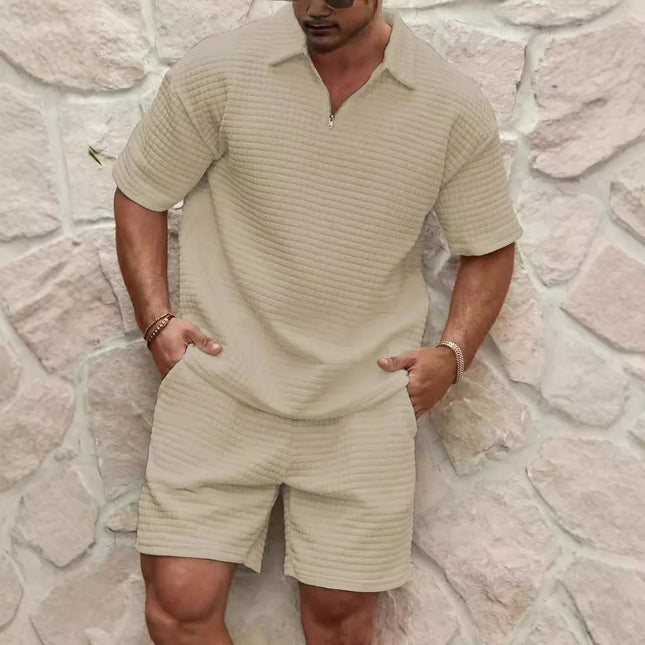 Conjunto Deportivo de Verano para Hombre 2025: Polo de Manga Corta con Cuello de Color Liso y Pantalones Cortos, Estilo Moderno y Sencillo de Gofre.
