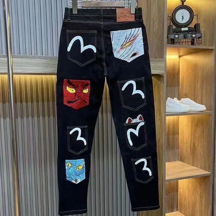 Mens Jeans Harajuku Fortune God Print Multi Pocket Denim Pants New Workwear Cargo Trousers Casual Streetwear Fashion Autumn New